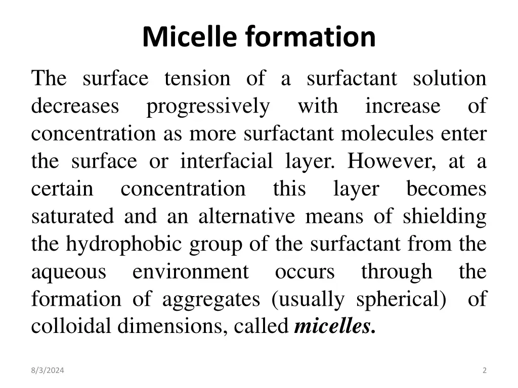 micelle formation the surface tension