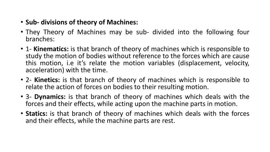 sub divisions of theory of machines they theory