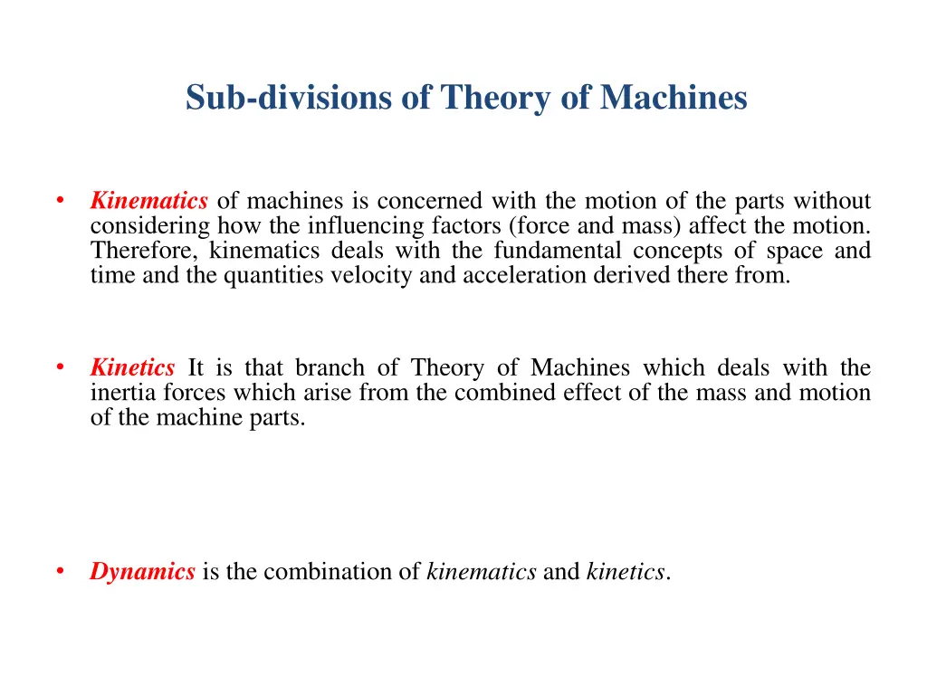 sub divisions of theory of machines