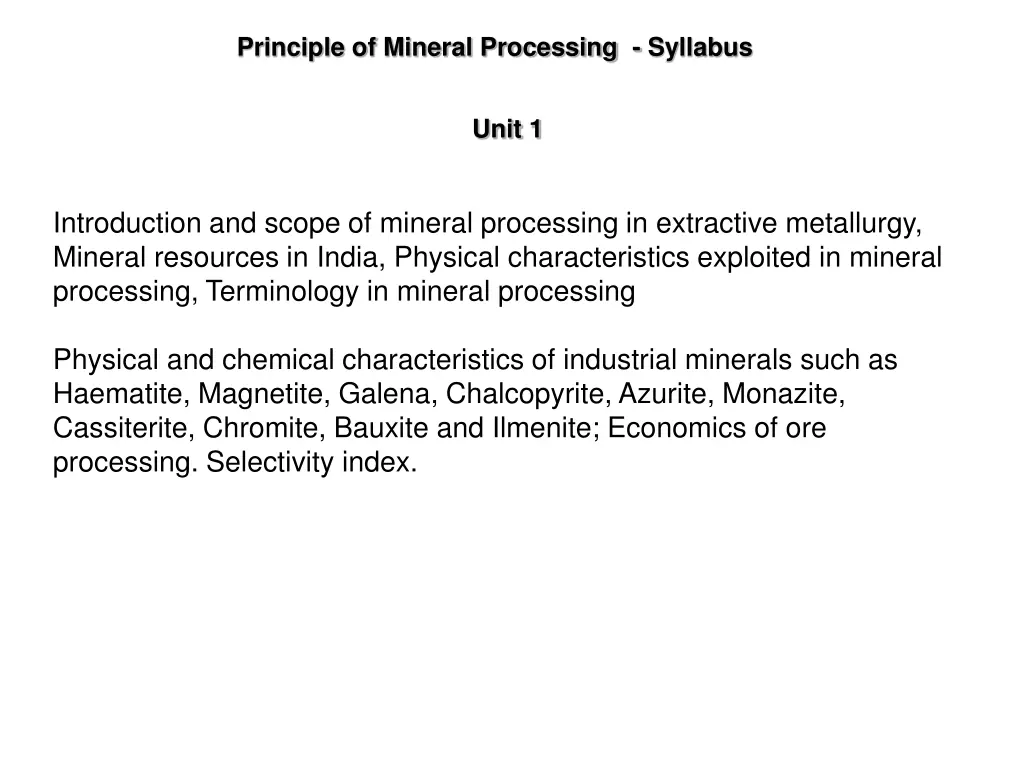 principle of mineral processing syllabus