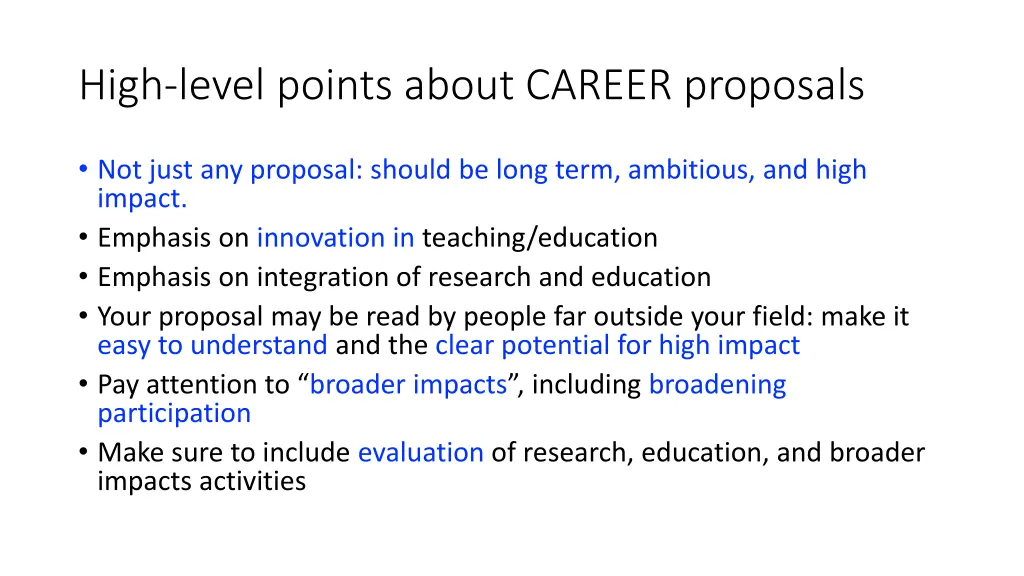 high level points about career proposals