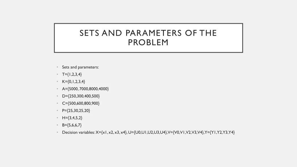 sets and parameters of the problem