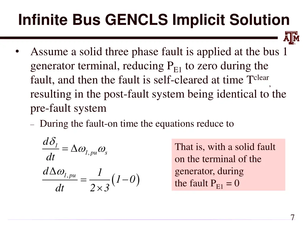 infinite bus gencls implicit solution