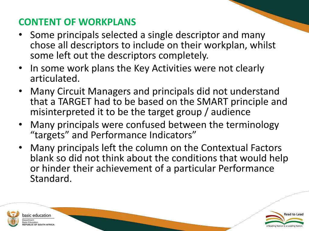 content of workplans some principals selected