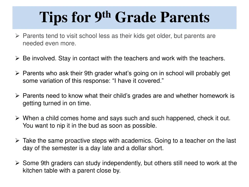 tips for 9 th grade parents