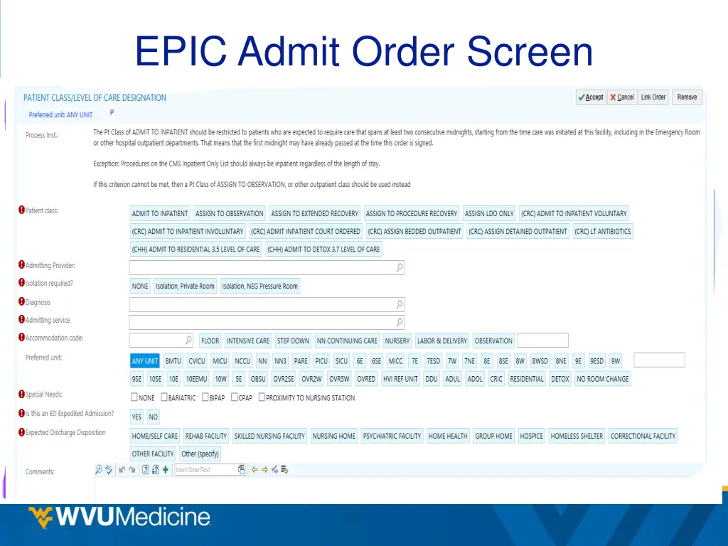 epic admit order screen