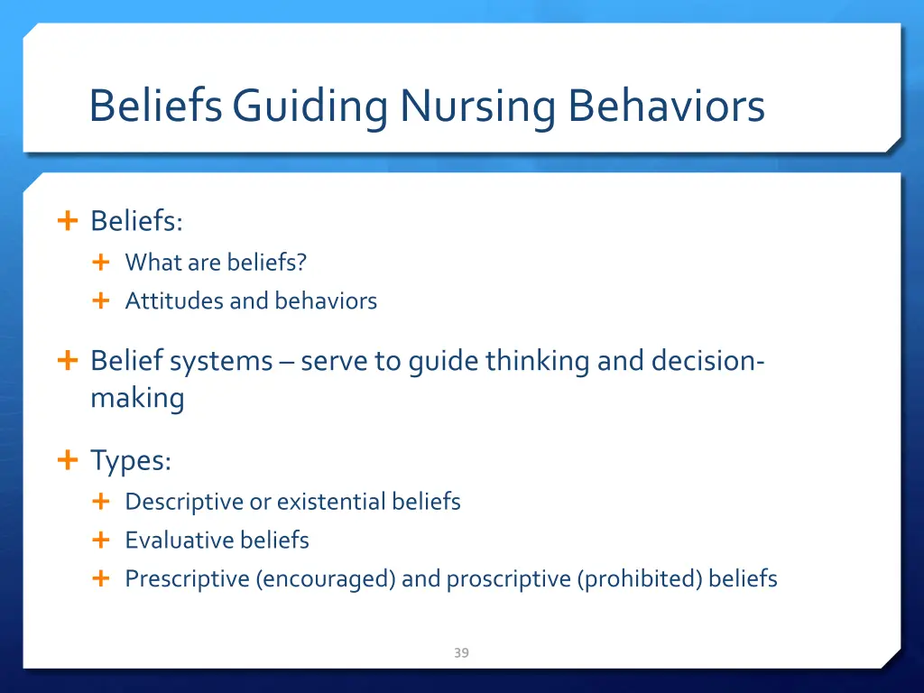 beliefs guiding nursing behaviors