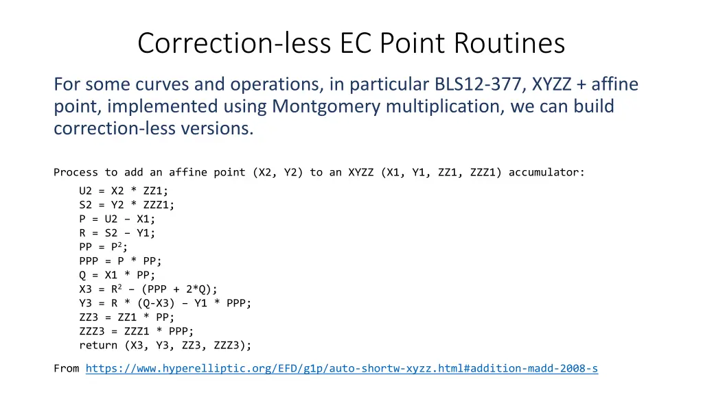 correction less ec point routines