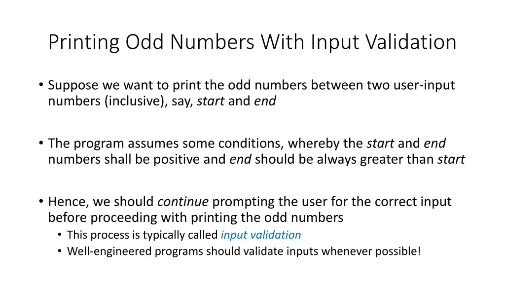 printing odd numbers with input validation