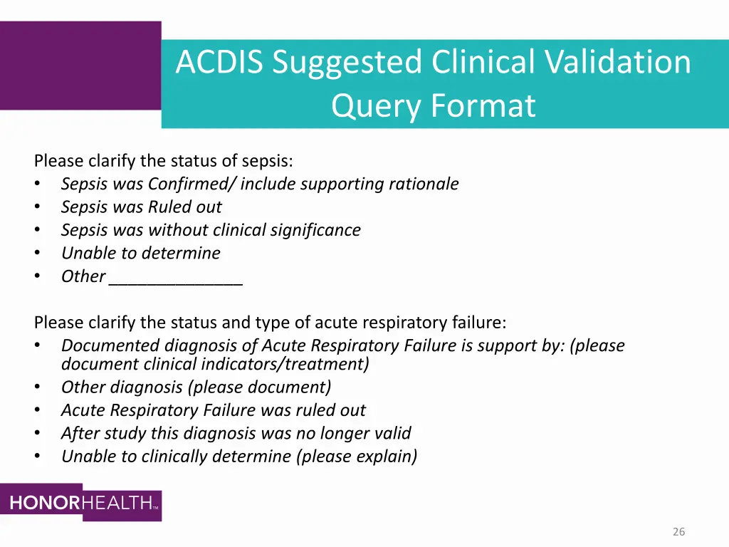 acdis suggested clinical validation query format