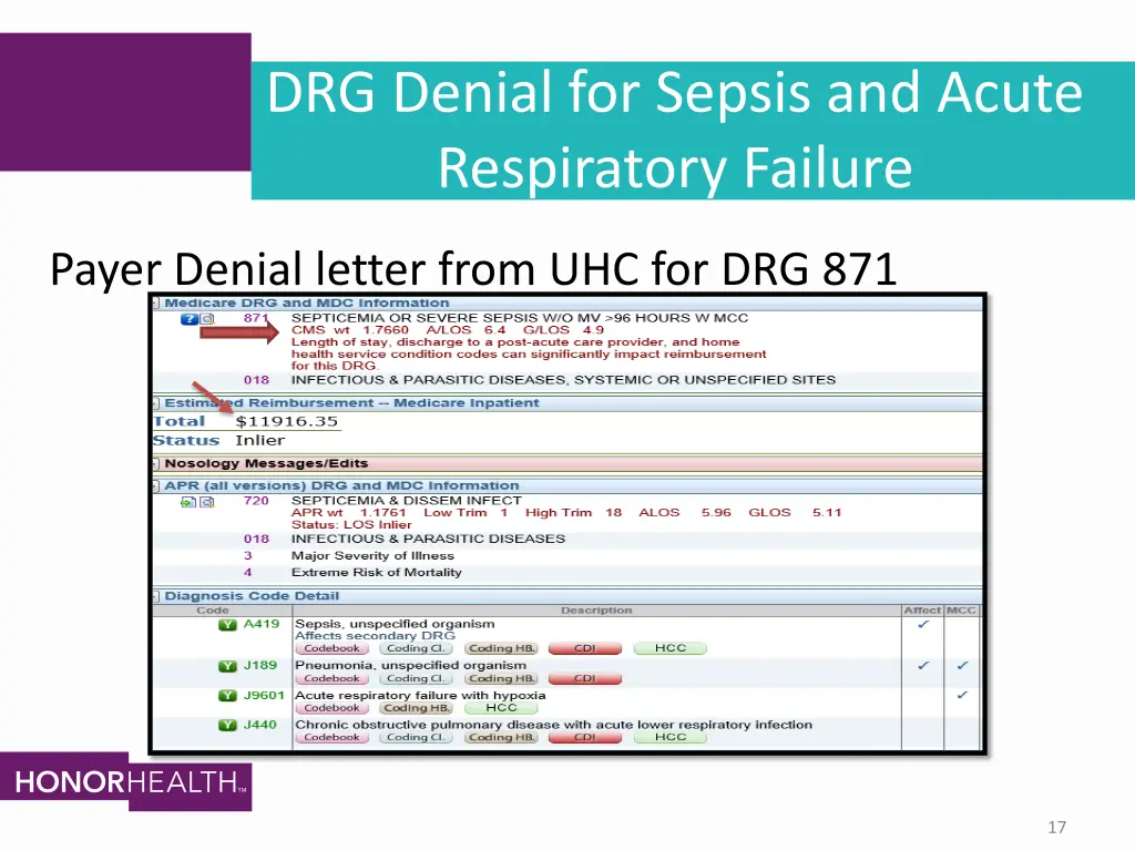 drg denial for sepsis and acute respiratory