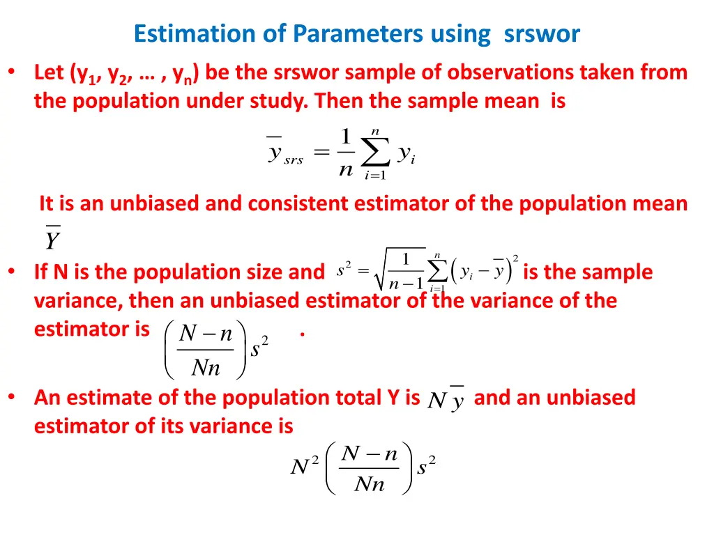 estimation of parameters using srswor