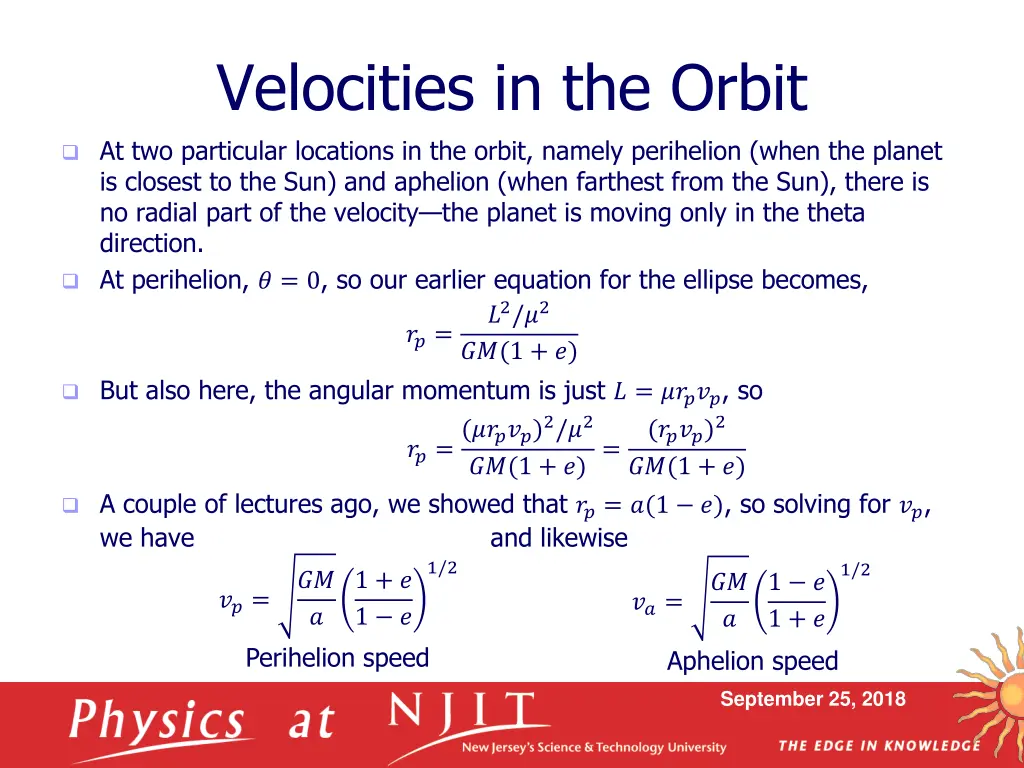 velocities in the orbit