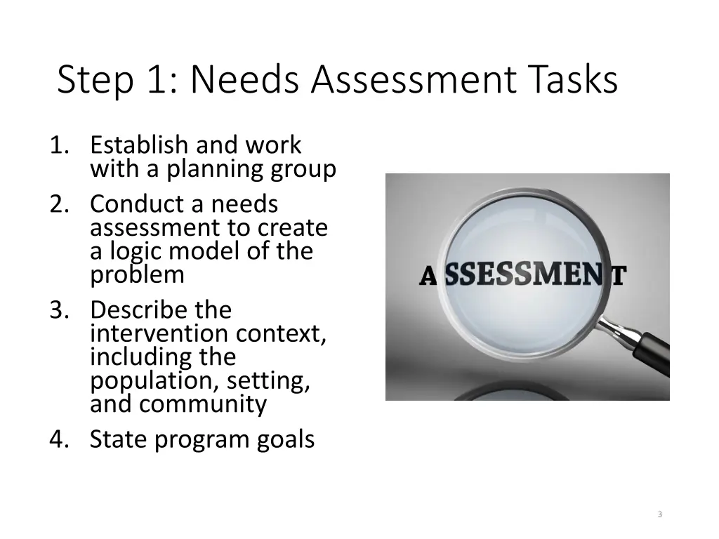 step 1 needs assessment tasks