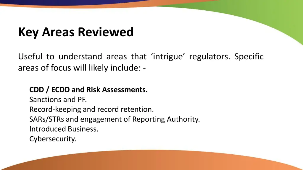 key areas reviewed