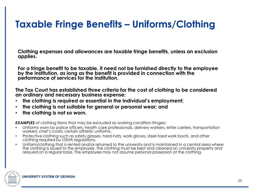 taxable fringe benefits uniforms clothing