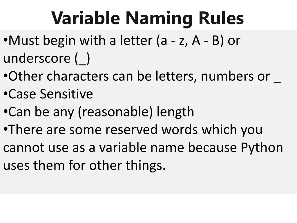 variable naming rules must begin with a letter