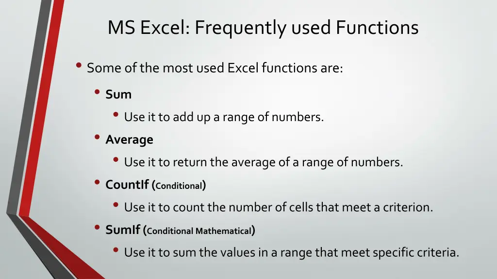 ms excel frequently used functions