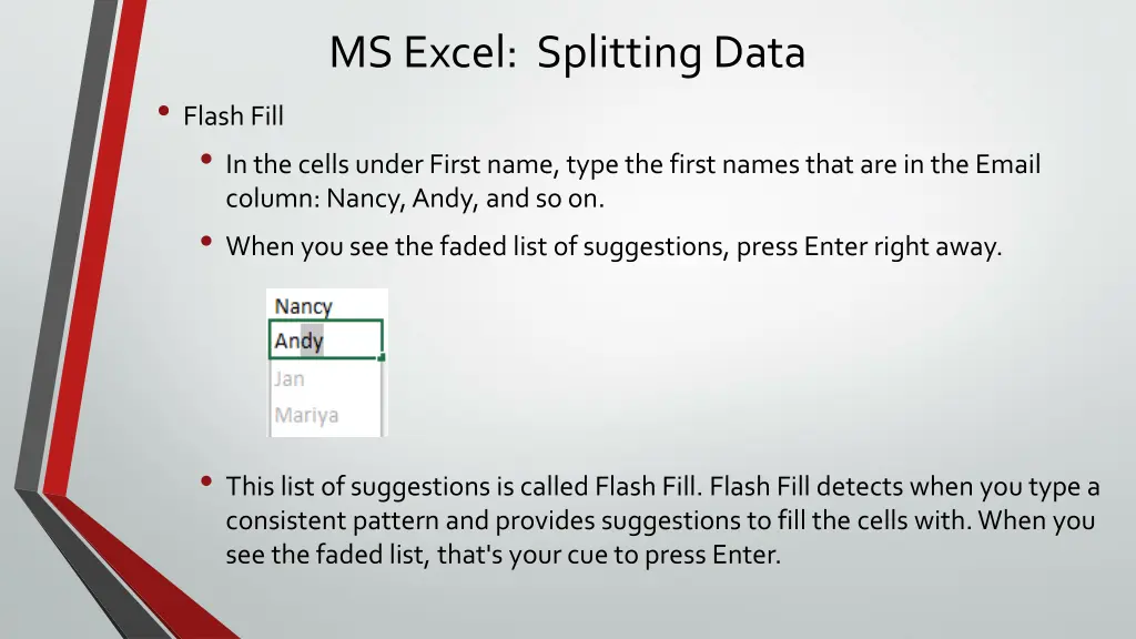 ms excel splitting data 1