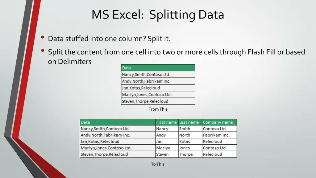 ms excel splitting data