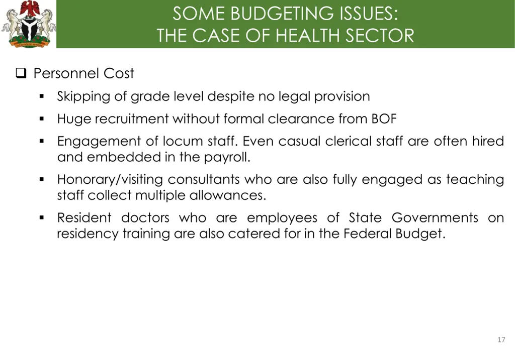 some budgeting issues the case of health sector