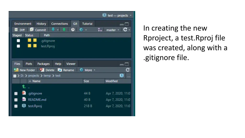 in creating the new rproject a test rproj file