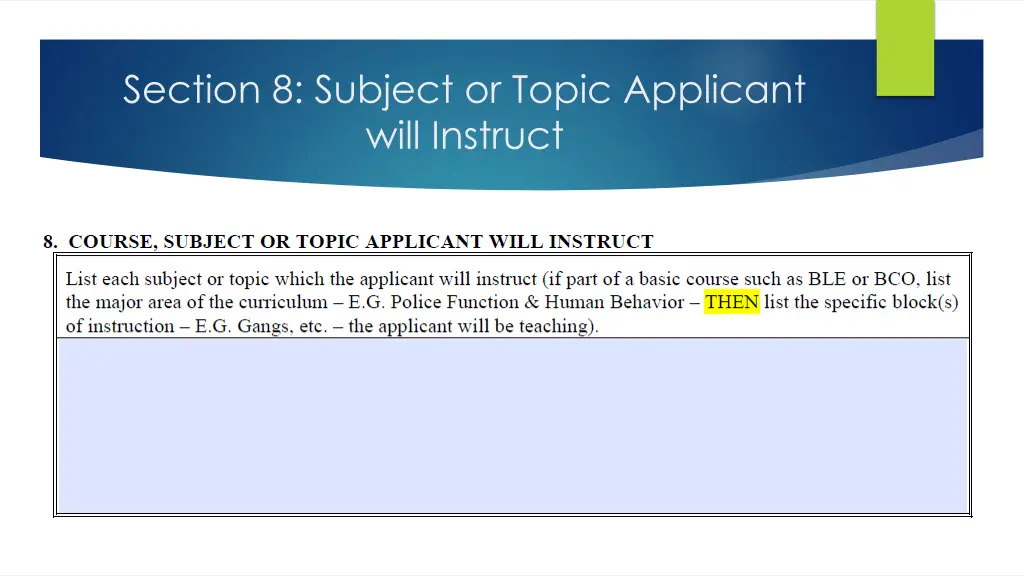 section 8 subject or topic applicant will instruct