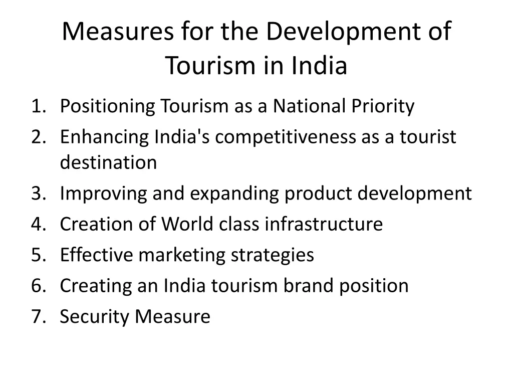 measures for the development of tourism in india