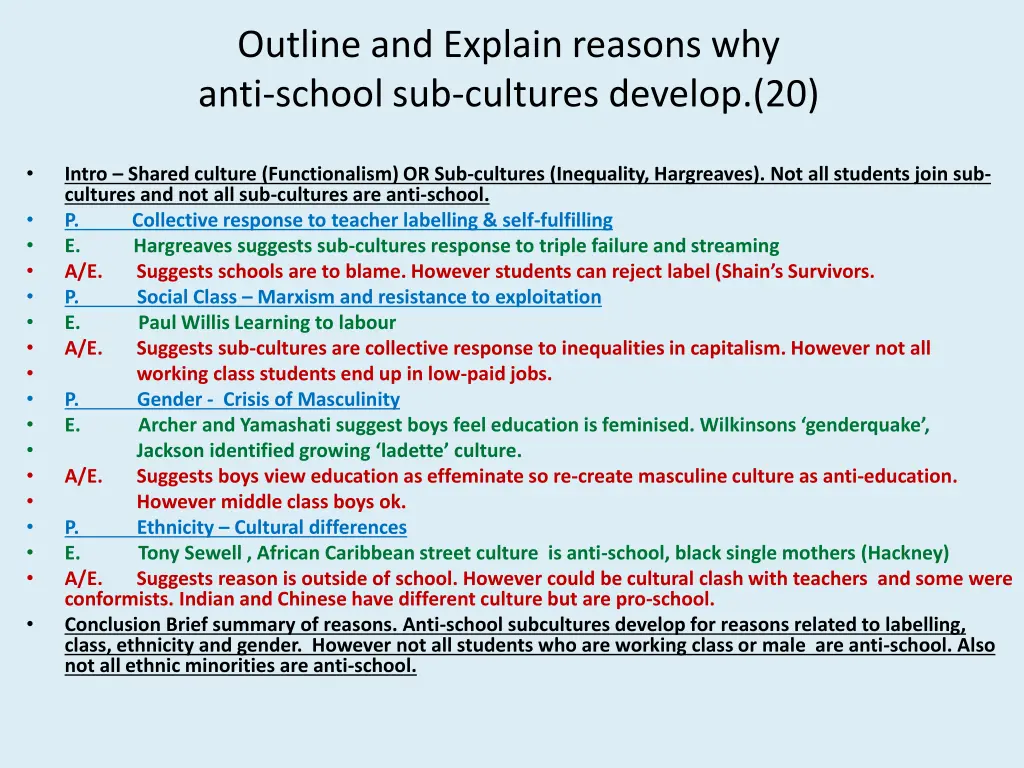 outline and explain reasons why anti school