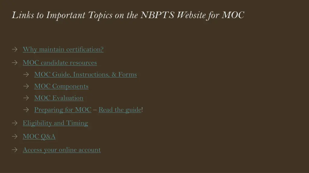 links to important topics on the nbpts website