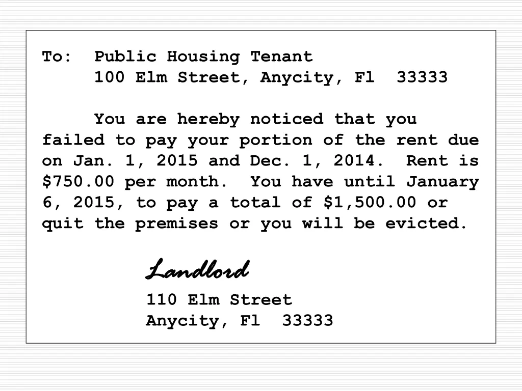 to public housing tenant 100 elm street anycity