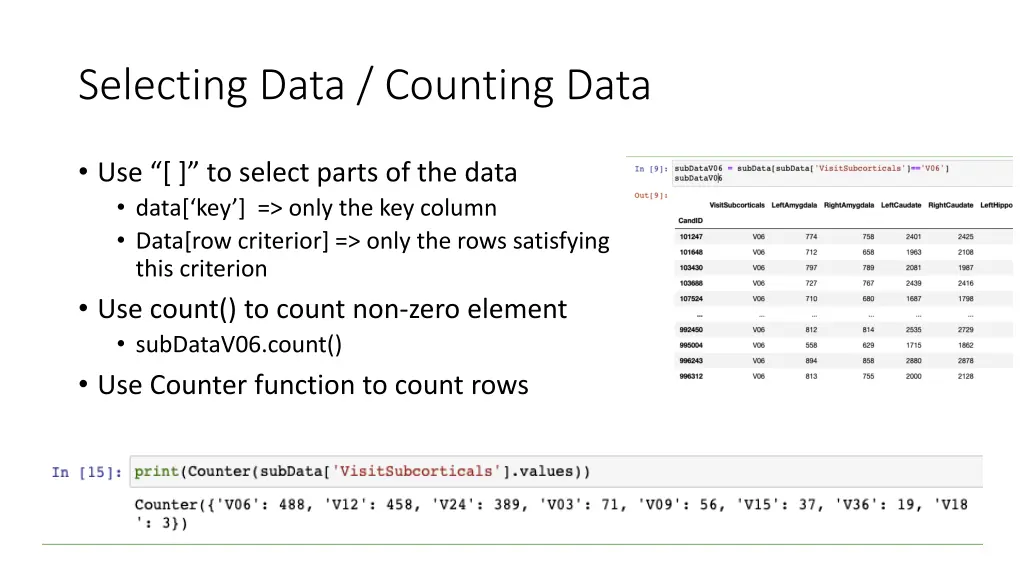 selecting data counting data