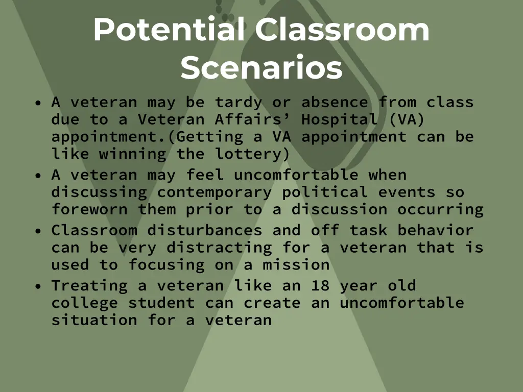 potential classroom scenarios a veteran