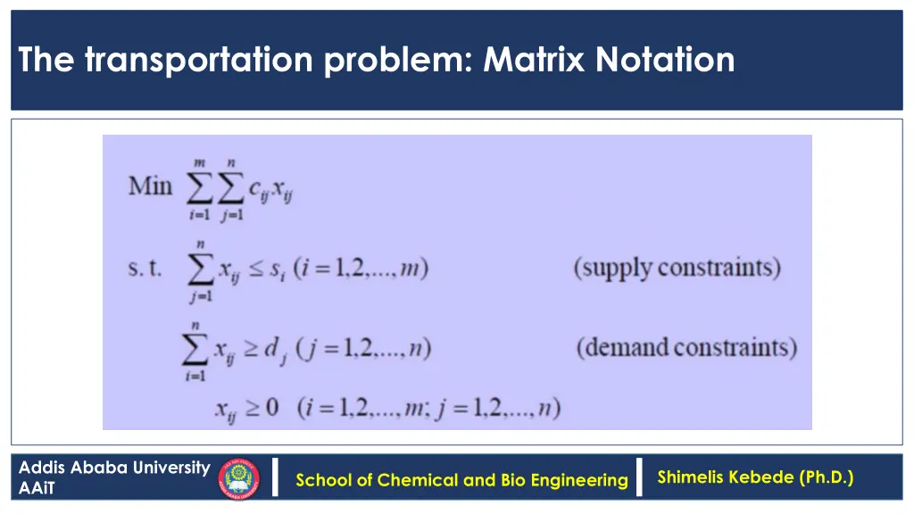 the transportation problem matrix notation