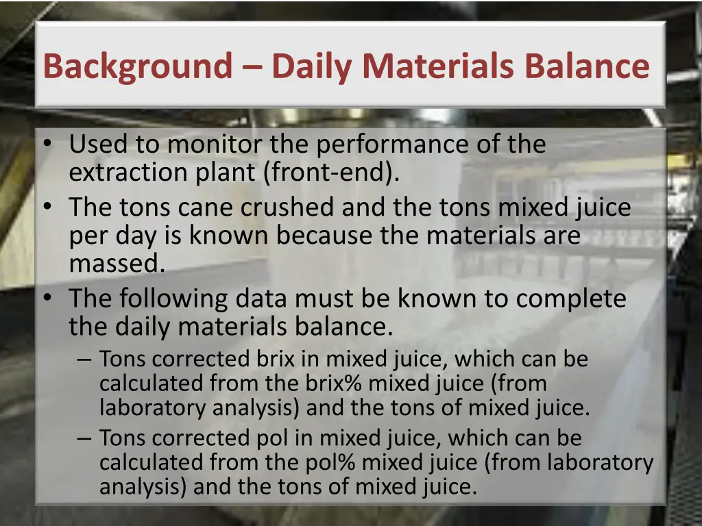 background daily materials balance