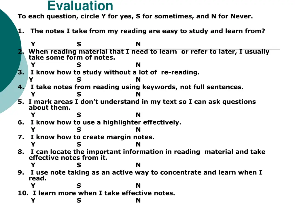 evaluation to each question circle