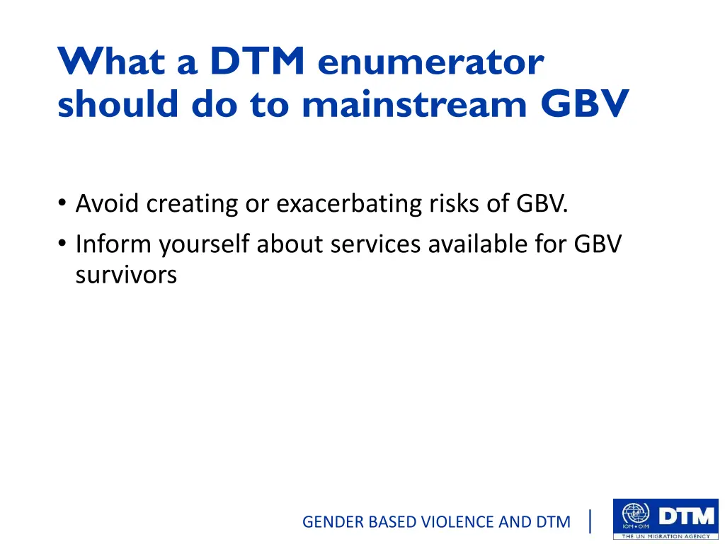 what a dtm enumerator should do to mainstream gbv