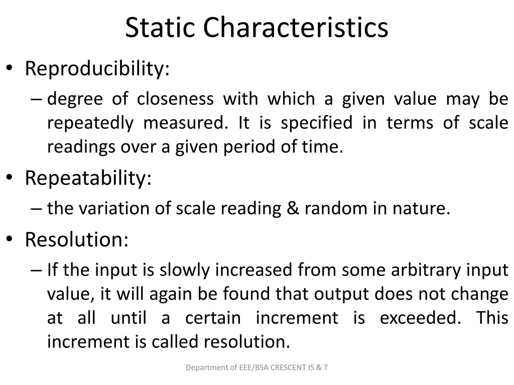 static characteristics reproducibility degree