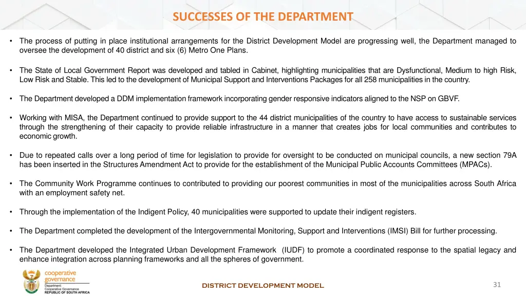 successes of the department