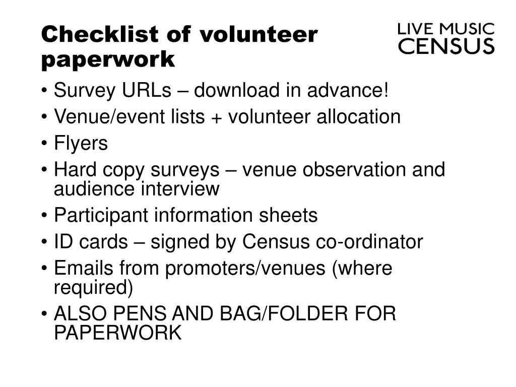 checklist of volunteer paperwork survey urls