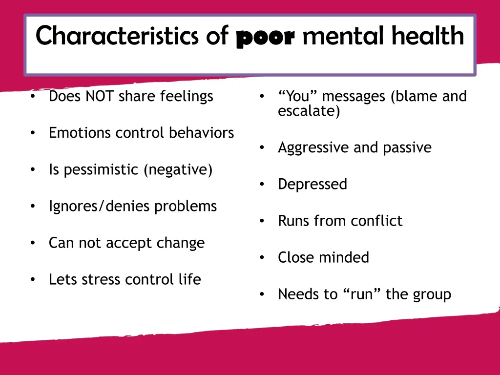 characteristics of poor mental health