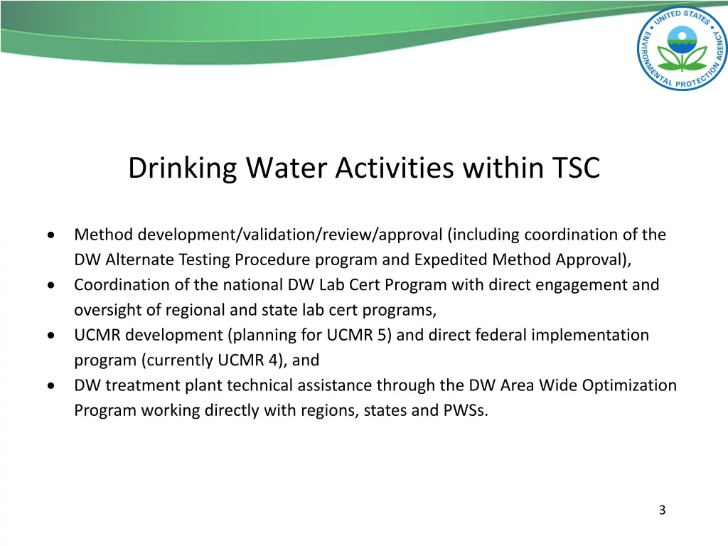 drinking water activities within tsc