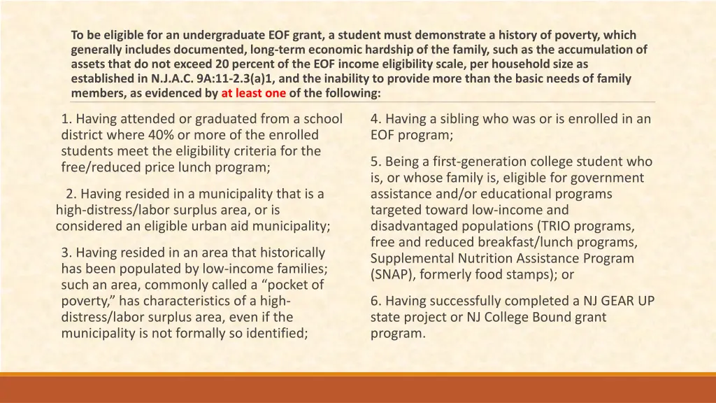 to be eligible for an undergraduate eof grant