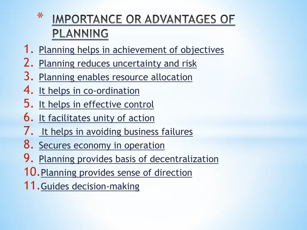 importance or advantages of planning