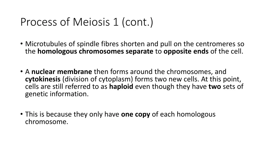 process of meiosis 1 cont 1