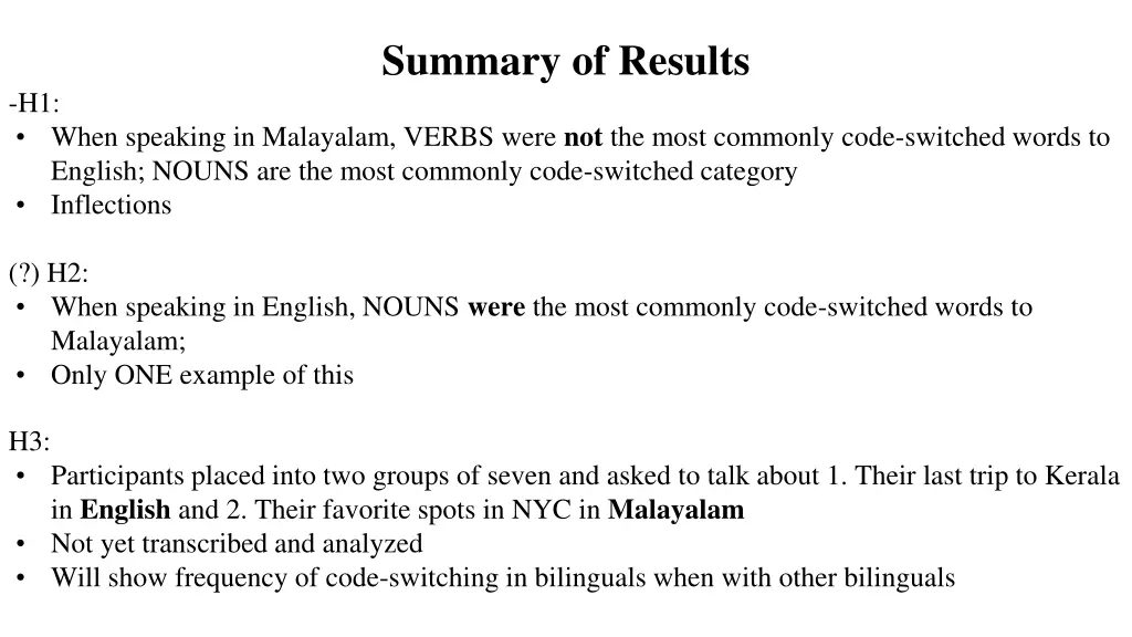 summary of results