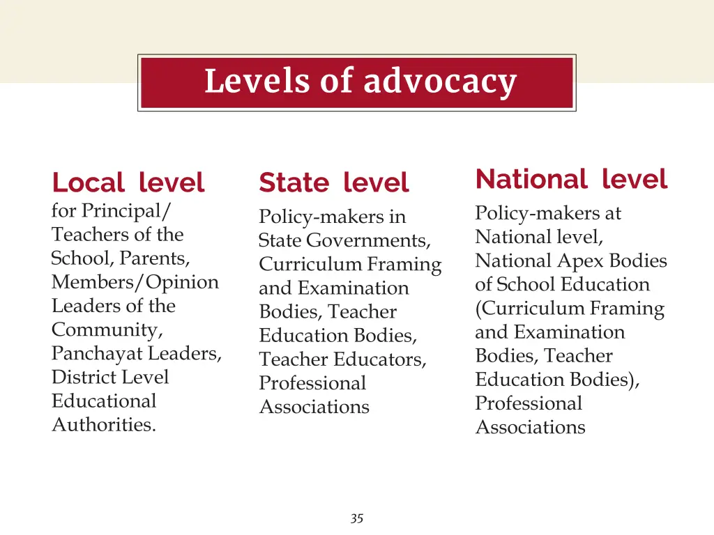 in two or three columns levels of advocacy