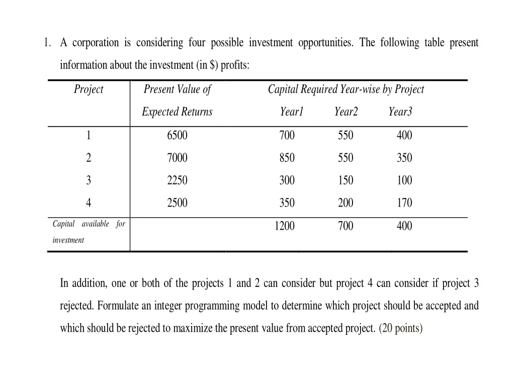 1 a corporation is considering four possible