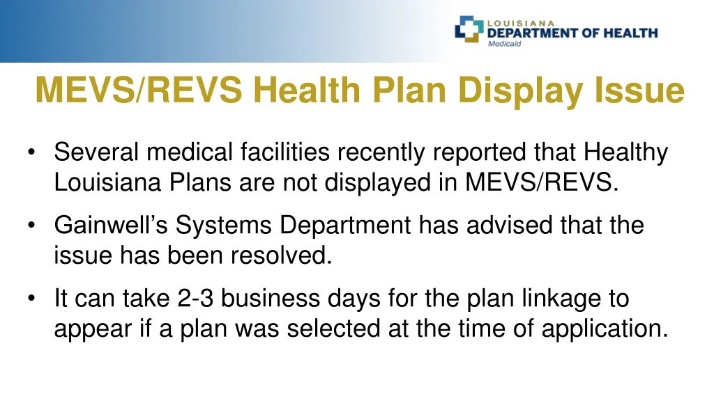 mevs revs health plan display issue