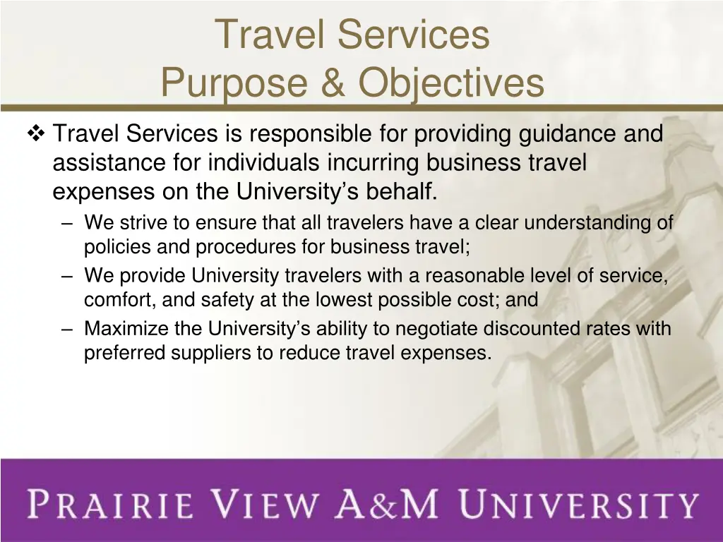 travel services purpose objectives